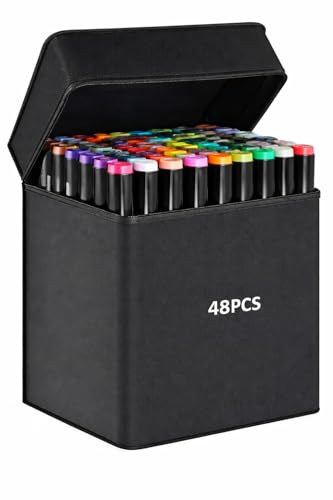 Image of Brand Conquer Dual Tip Colorful Art Markers Sketch Pens With Carrying Case For Painting Sketching Calligraphy Drawing -Twin Head Permanent Colouring Marker Pens For Kids (Drawing Marker 48 Pcs)