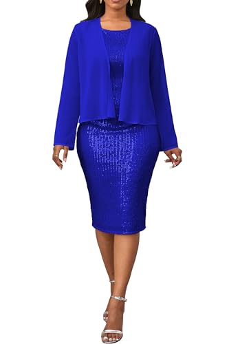 IWFEV Two Pieces Outfits Sequins Round Neck Long Sleeve Bodycon Sparkly Midi Prom Dress with Chiffon Jackets L Blue