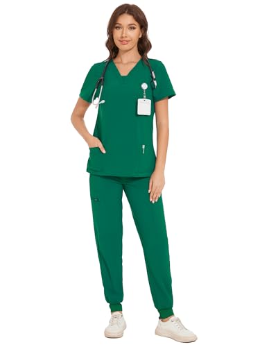 COZYFIT Scrubs for Women - V-Neck Top & Cargo Pants Scrubs Set with 10 Pockets - Hunter Green XS Tall