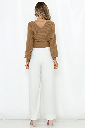 Image of ZAFUL Womens V Neck Cropped Wrap Sweaters Drop Shoulder Lantern Sleeve Pullover Tops Winter Sexy Cross Ribbed Clothes