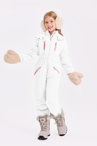 Haloumoning Kids Snow Suit Girls Hooded Waterproof Insulated One Piece Ski Suit 5-14 Years3