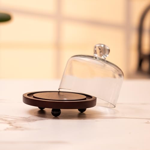 Image of Sugary Affair Acacia Wood Cake Stand with Glass Dome - Compact Wooden Cake & Dessert Display Stand, Glass Cloche for Cupcakes, Pastries & Small Cakes