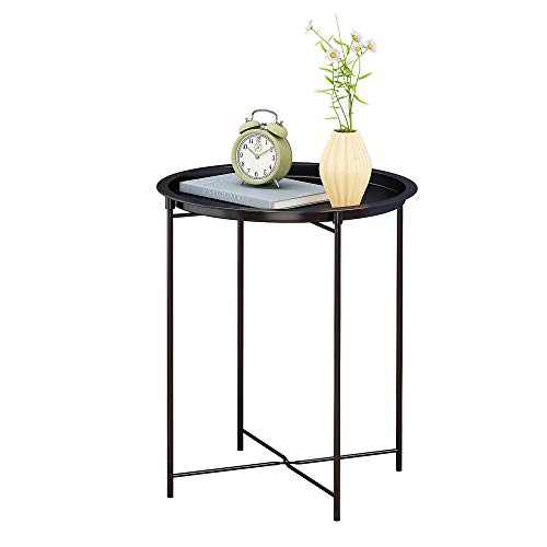 HOMEFORT Round End Table, Metal Tray Table,17.7 Inch Bedside Table, Indoor Modern Sofa Side Table, Outdoor Snack Table, Metal Tabletop with Sturdy Metal Frame (Black)