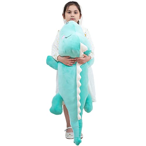 Aiuidun Almofada de peluche de dinossauro, almofada longa de peluche de dinossauro, almofada lombar para as costas, boneca de brinquedo, presente para crianças. (100 cm, verde - feliz)