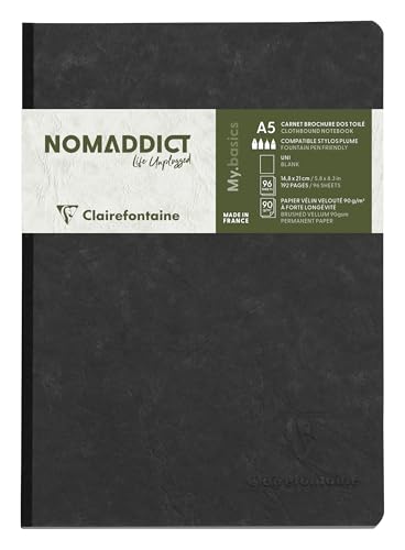 Clairefontaine 795401C Collection Nomaddict (ex Age Bag) Un Carnet Cousu Dos Toilé Noir - A5 14,8x21 cm - 192 Pages Unies Blanches - Papier 90 g - Couverture...