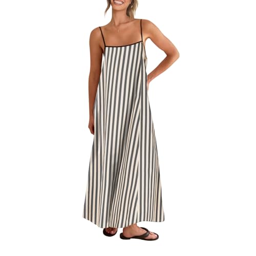 Shy Velvet Damen 2025 Sommer Herbst Leinen Maxikleid Kontrast Spaghettiträger Kleid Rückenfrei Casual Party Slip Kleider, Grau gestreift, X-Groß