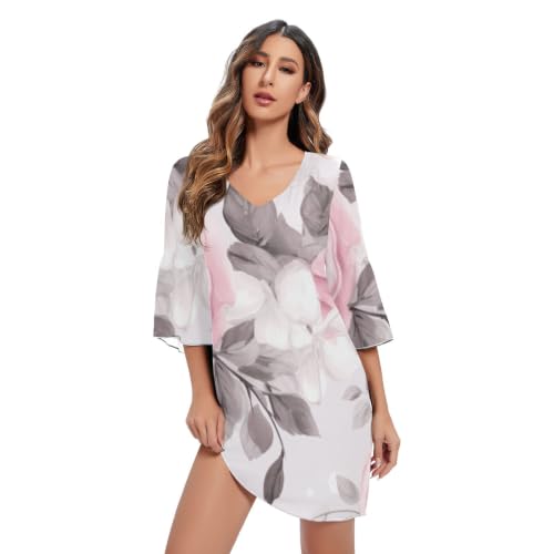Robe courte manches 3/4 imprimée fleurs grises robe ligne fluide femme