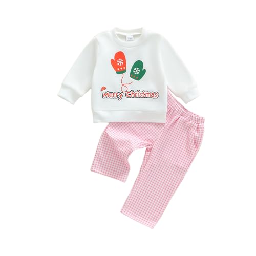 Toddler Baby Girls Clothing Set Fashionable Christmas Gloves Print Long Sleeve Pullover with Plaid Pants 2Pcs Outfit (White, 2-3T)