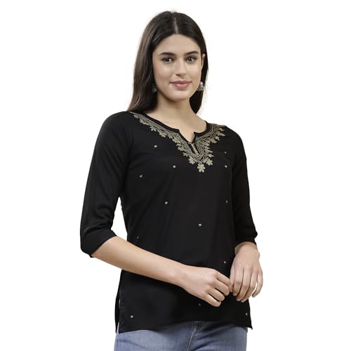Image of QAZMI Short Kurti for Women| Embroidered Pashmina Straight Rayon Cotton Kurta | Women's Tunic Tops