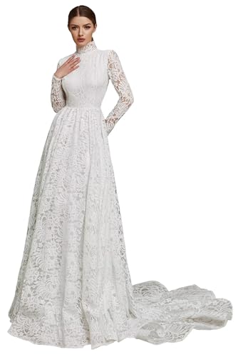Vintage High Neck Lace Wedding Dresses Long Sleeve for Bride