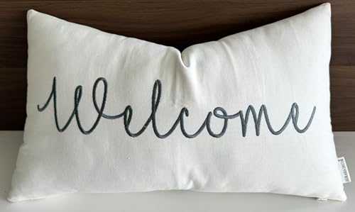 EURASIA DECOR Welcome Embroidered Lumbar Decorative Accent Pillow Cover - Entryway, Guestroom, Living Room - 12x20 Inches, Ivory