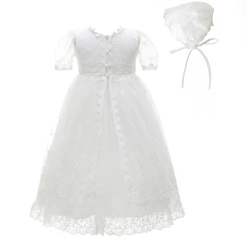 perfect petal Baby Girls Baptism Christening Dress 3Pcs Infant Toddler Floral Embroidered Lace Gown(24M,Ivory)