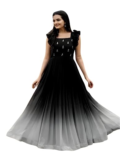Image of LAZZLY Women's Georgette Ankle Length Dual Shaded Flared Embroidered Gown