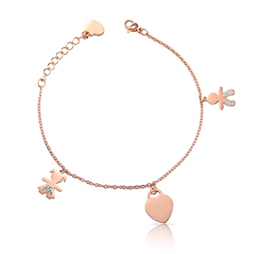 inSCINTILLE Sweet Child Bracelet femme en acier inoxydable avec charme bébé et cœur (coeur or rose), Acier inoxydable Cover