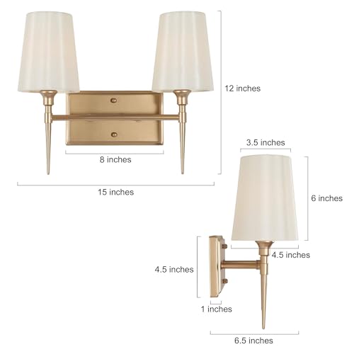Image of KSANA Gold Bathroom Vanity Light Fixtures, 2-Light Modern Vanity Lights for Bathroom with White Fabric Shade, Bathroom Lights Over Mirror