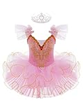 inhzoy Traje de Corona+Clips Floral Maillot Gimnasia Ritmica Niña con Falda Tutu Vestido Danza Ballet Maillot Lentejuelas Baile Disfraz Bailarina para Niña 3-14 Años Rosa 5-6 años