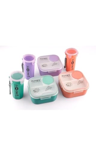 Image of Hungry Lunch Box with Water Bottle | Leakproof 3 Compartment Tiffin Box with Spoon, Fork & Sauce Container | BPA Free Food Grade Plastic | Microwave & Dishwasher Safe Lunch Box for School (Sea Blue)