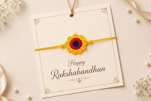 Image of Handmade Crochet Flower Rakhi for Kids, Red and Yellow, Cotton Yarn, Adjustable Knot, with Roli and Chawal, Raksha Bandhan
