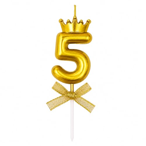 Image of Number 5 Unscented Candle with Crown 3 inch for 5th Birthday Party, Wedding Anniversary, Engagement Celebration, Theme Party, Bachelors Decoration, Gold Numerical No 5