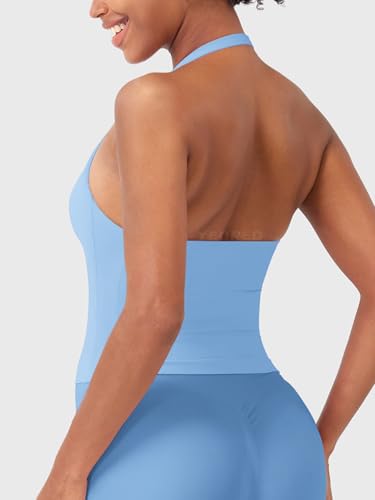 Image of YEOREO SoftHue Women's Impact Halter Tank Top Longline Backless Scoop Neck Built-in Bra Sports Workout Gym Crop Top