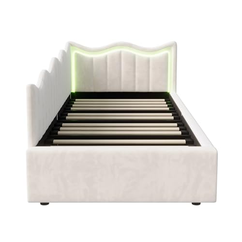 Kinderbett 90x200 Schlafsofa mit Bettkasten, Tagesbett Polsterbett mit LED-Beleuchtung, Sofabett Bodenbett Stauraumbett Bettgestell mit Lattenrost, Ohne Matratze, Samt (Beige A) – Bild 5