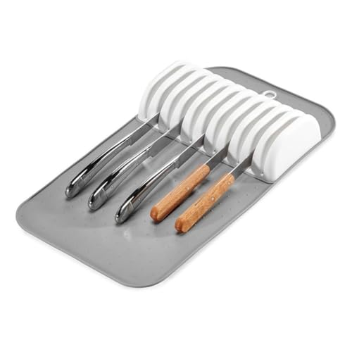 Plateau de rangement de tiroir à couteaux à 11 fentes – Insert fin pour porte-couteaux avec tapis antidérapant, rangement compact pour couteaux de cuisine (gris et blanc)