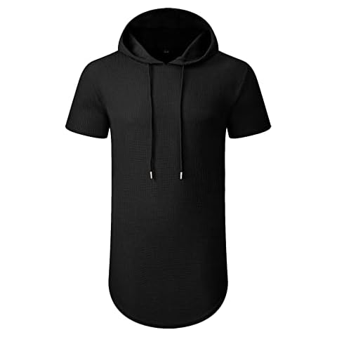 Men Fashion Hoodies Waffle Hooded Shirts Short Sleeve Athletic Workout Sweatshirt For Yoga Sports Gym Black Cover