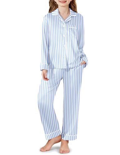 Arshiner Girls Pajamas Silk Satin Pajama Set Long Sleeve Pjs Button Down Sleepwear