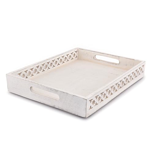 EDHAS Platters Mango Wood Tray with Handles Serving Platters for Breakfast in Bed, Tea, Coffee with Cutout Handles (White) (35.56cm x 27.94cm x 5.08cm) - Image 3