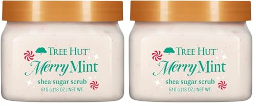 Image of Tree Hut Merry Mint Shea Sugar Scrub, Exfoliating & Hydrating Body Scrub with Shea Butter & Essential Oils, Smooth Skin, For All Skin Types, Holiday Gift & Stocking Stuffer, Vegan, 18 oz (Pack of 2)