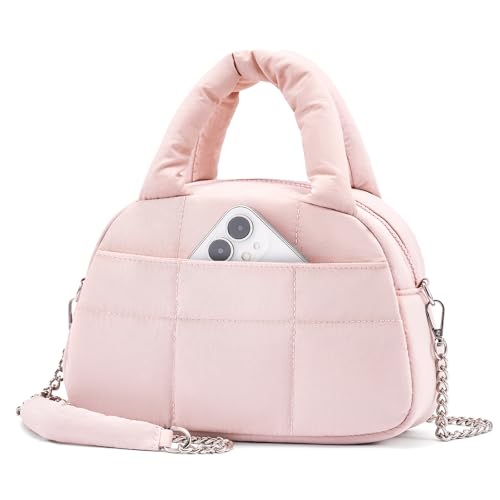 WESTBRONCO Small Puffer Crossbody Bags for Women Puffy Nylon Shoulder Bag Womens Quilted Handbags with Chain Strap for Daily Use or Date