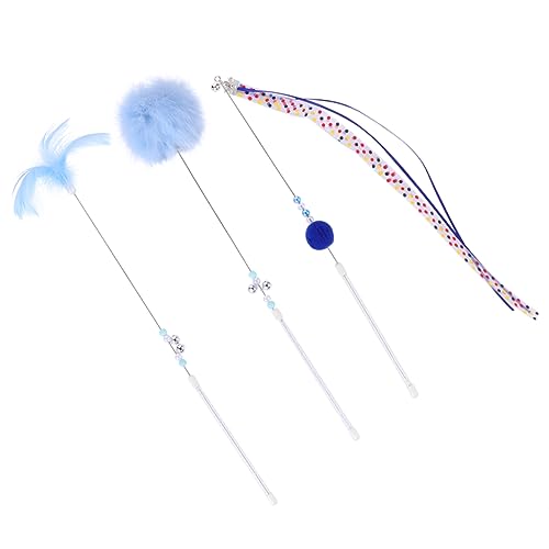 VICASKY 3-Piece Interactive Cat Teaser Stick Set Rabbit Fur Ribbons Engaging PET Toys
