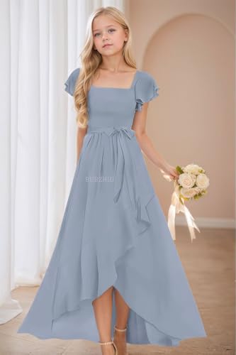 Short Sleeve Flower Girl Dresses for Wedding High Low Ruffle Chiffon Bridesmaid Dress for Juniors3
