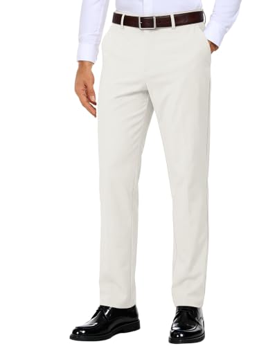 WEKUOL Mens Dress Pants Classic Fit Stretch Trousers with 6 Pockets White