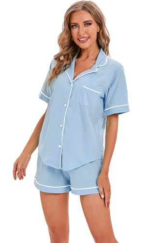Image of LUBOT 100% Cotton Pajamas for Women 2 Piece PJ Set Button-Down Soft Knit Short Sleeve Summer Sleepwear Loungewear XS-XXL