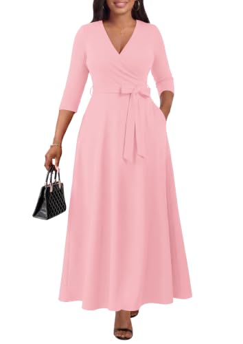Image of FANDEE Plus Size Maxi Dress for Women Casual Summer Sundress V-Neck 3 /4 Sleeve