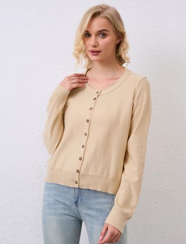 Image of Women's Button Down Crew Neck Cardigan Soft Classic Long Sleeve Knitted Sweater Casual Solid Knit Tops 2024 Trendy Fashion Fall Outfits Clothes - Apricot M