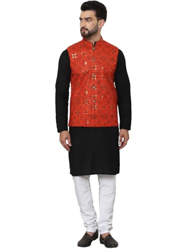Image of SOJANYA (Since 1958 Men's Cotton Linen Maroon Kurta and White Pyjama with Mustard Cotton Nehru Jacket