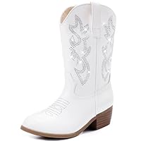 LAURMOSA Cowgirl Boots for Girls White Pointed Toe Young Child Girls Cowboy Boots Mid Calf Equestrian Boots Kids Western Boots Horse Riding Party Church for Toddler Little Big Kids(L1030RhWhite 3)