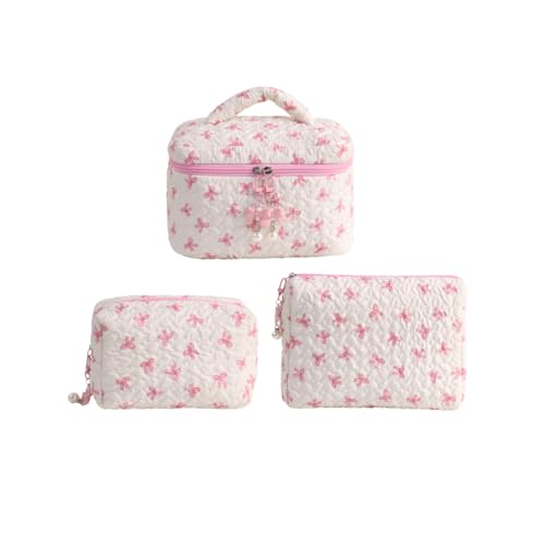 Aylashine 化粧ポーチ トイレタリーバッグ 大容量 化粧品収納 小物収納 レディース ハンドバッグ お出かけ用、旅行用 可愛い 実用的 おしゃれ 蝶結び (3点セット) -ホワイト・ピンク