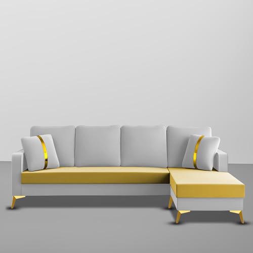 Image of Casaliving Mandis RHS 4 Seater L Shape Sofa Set for Living Room (Yellow Grey Fabric) Premium Fabric Sofa