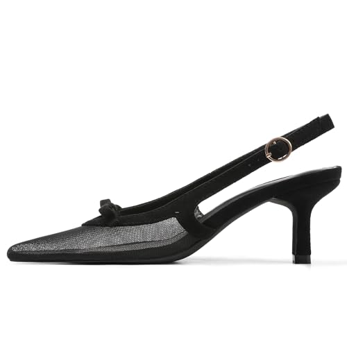 Image of Mattiventon Slingback Heels for Women Kitten Heels Bow Ankle Strap Pointed Toe Heel Sexy Wedding Dress Party Pumps
