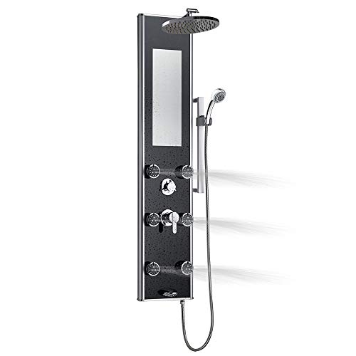 Pulse Showerspas 1022-B Leilani Showerspa Panel With 8" Rain Showerhead, 6 Dual-Function Body Spray Jets, 5-Function Hand Shower, Slide Bar, Mirror And Tub Spout, Black Tempered Glass With Anodized Frame And Chrome Fixtures #TOP2
