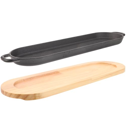 Toyvian Plancha de Hierro Fundido con Doble Asa y Base de Madera, Bandeja para Servir Caliente y Sartén Antiadherente para Barbacoa, Plato Alargado para Bistec y Carne en Parrilla, Uso