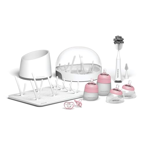 Image of Nanobebe Breastmilk and Silicone Baby Bottle Ultimate Set Gen 2, 5oz and 9oz - with Sterilizer, Drying Rack, Anti-Colic Nipples, Pacifiers, and Warmer - Pink/Grey