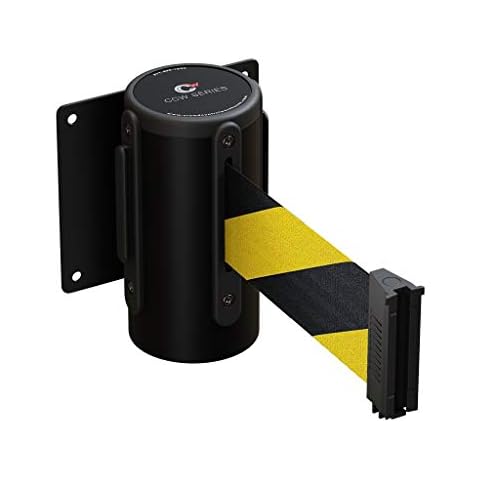 Crowd Control Warehouse - CCW Series WMB-125 Fixed Wall Mount Retractable Belt Barrier - 11 Foot, Black and Yellow Diagonal Stripes Belt with Black Steel Case Cover