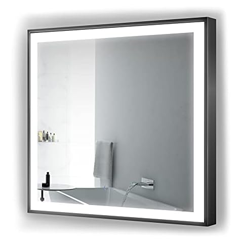 Krugg | Soho LED Bathroom Framed Mirror | Lighted Vanity Mirror Includes Dimmer & Defogger | Wall Mount Vertical or Horizontal Installation (Black, 36Wx36L) Cover
