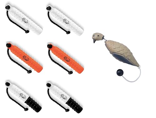 HuntEmUp Hunting Dog Training Tool Bumper Dummy Tri-Pack, Set of 6, White, Orange, and Dual Color Fowl, Dove, and Duck Fetch Toys with Soft Mouth Texture and Throw Ropes