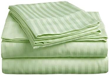 Bed Sheet Set 4PCs (1 Fitted Sheet, 1 Flat Sheet & 2 Pillowcase) 100% Pure Cotton Sheets, 600 Thread Count Sheets Set, Fitted Sheet fits upto 15 Inch Deep Pocket mattress (Sage Stripe, King Sheet Set)