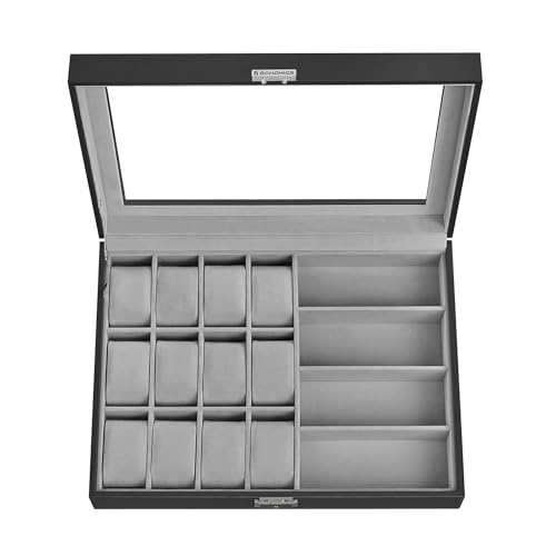[Prime] Songmics 16-Slot Watch & Sunglasses Organizer Box w/ Glass Lid (Ink Black/Dove Gray) - image 7
